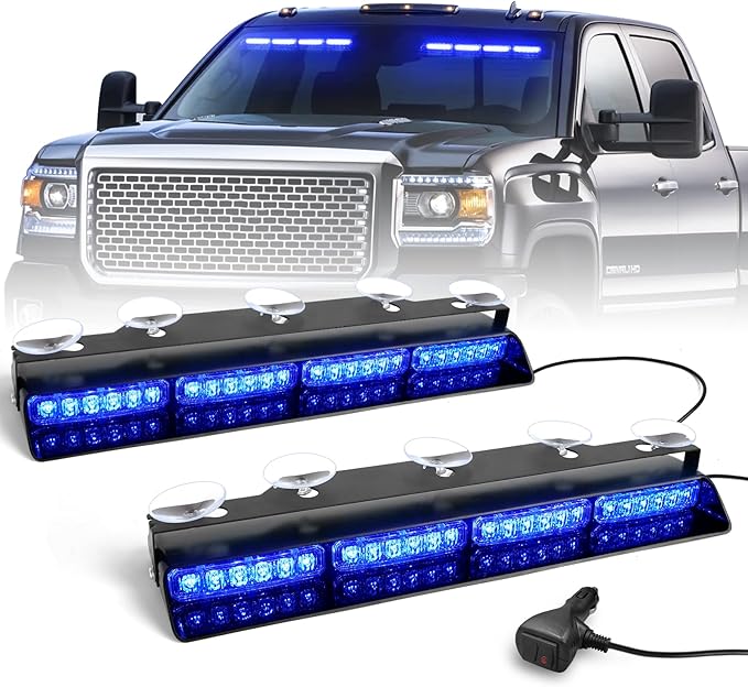 HLauto 6Z4J Emergency Dash Strobe Lights: 2x16.8 inch Blue Safety Lights, 48 LED Flashing Warning Hazard Interior Windshield Visor Traffic Light Bar for Trucks, Construction Vehicles