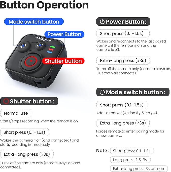YDW Bluetooth Remote Control for DJI Osmo Action 6/Osmo Action 5 Pro/Action 4/DJI OSM0 360 Cameras, Wireless 50M Remote Control Range Smart Action Accessories