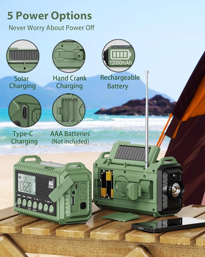 Emergency Weather Radio, Hand Crank 12000mAh Battery Powered Auto Alert NOAA Radio,130H Runtime, LCD Digital Display, SOS, Flashlight,Phone Charger, Solar Portable AM/FM/SW Radio for Emergency/Outdoor