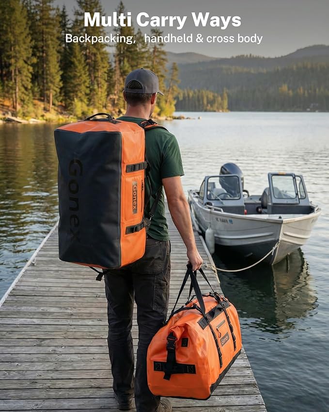 Gonex Waterproof Duffel Bag, 90L Heavy Duty Dry Duffle Bag with Reinforced Thickened Bottom, 3-in-1 Convertible Large Travel Backpack for Kayaking, Motorcycle, Camping & Boating, Orange