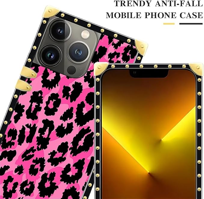 Compatible with iPhone 13 Pro Max Case, Pink Black Leopard Luxury Golden Decoration for Girl Women Soft TPU Shockproof Protective Hard PC Back for iPhone 13 Pro Max