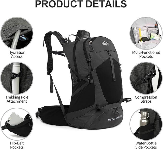 IX INOXTO Hiking Backpack, 26L/40L Waterproof Hiking Daypack with 3L Water Bladder and Rain Cover, Lightweight Travel Camping Backpack for Men Women (Black)
