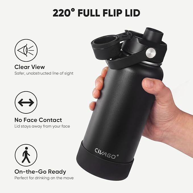 CIVAGO 40 oz Insulated Stainless Steel Water Bottle with Detachable Straw, Large Metal Water Jug with Bucket Handle, Leakproof Sports Water Flask with Silicone Boot, Dishwasher Safe, Army Green