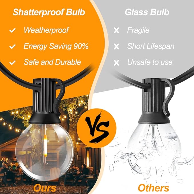 Outdoor String Lights - 100FT 2Pack G40 Globe Patio With 52 Dimmable Waterproof and Shatterproof LED Bulbs for Tavern, Backyard, Deck, Garden, Party Decorations Commercial Hanging (G40 Bulb)