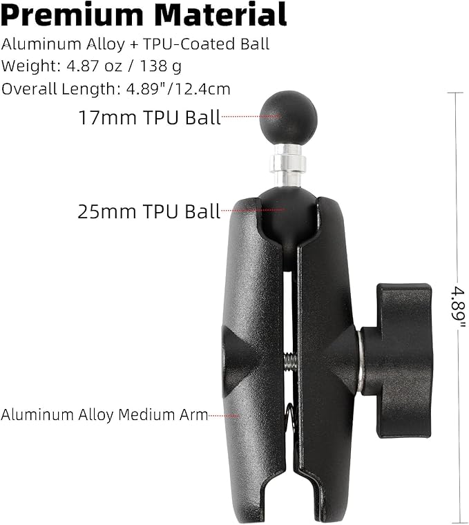 1 inch to 17mm Ball Adapter with 3.54" Medium Double Socket Arm, Compatible with RAM B Size Mounts, Fits Garmin GPS Mount and 17mm Swivel Ball Mounting Phone Holders