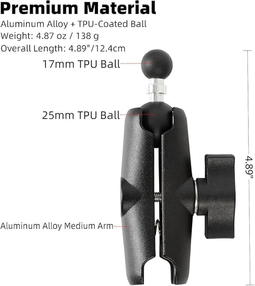 1 inch to 17mm Ball Adapter with 3.54" Medium Double Socket Arm, Compatible with RAM B Size Mounts, Fits Garmin GPS Mount and 17mm Swivel Ball Mounting Phone Holders