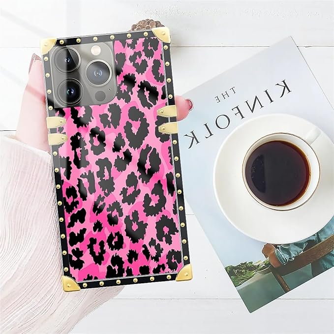 Compatible with iPhone 13 Pro Case, Pink Black Leopard Luxury Golden Decoration for Girl Women Soft TPU Shockproof Protective Hard PC Back for iPhone 13 Pro