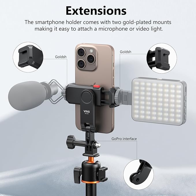 VRIG Phone Holder/Hot Shoe Mount Adapter Kit Compatible with Action Camera GoPro Hero 11 10 9 8 7 6 5, DJI OSMO Action/Action 2, iPhone13 Pro Max, Samsung, Attaching on DSLR Camera or Ring Light