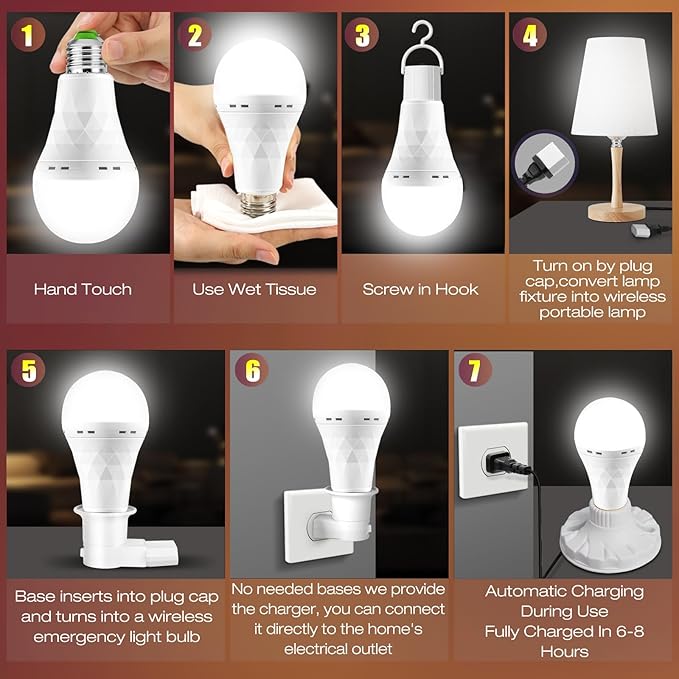 Emergency Rechargeable Light Bulbs, Battery Powered LED Light Bulb Daylight E26 12W 60W Equivalent with 1500mAh for Home Power Outage Camping Hiking(6 Bulbs,3 Plug Caps, 3 Hooks,3 socket adapter)