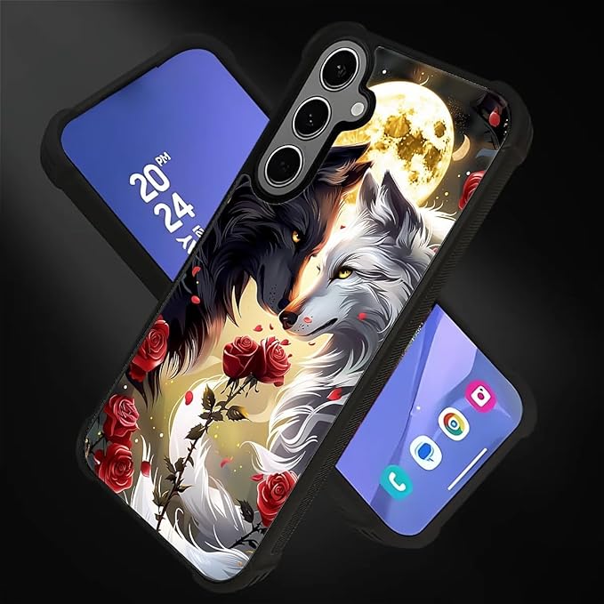 for Samsung Galaxy S24 S25 Plus Case, Black White Wolf Moon Flower Rose Pattern Graphic Design Girl Boy Soft Silicone Hard Acrylic Shock Protection for Samsung Galaxy S24 S25 Plus