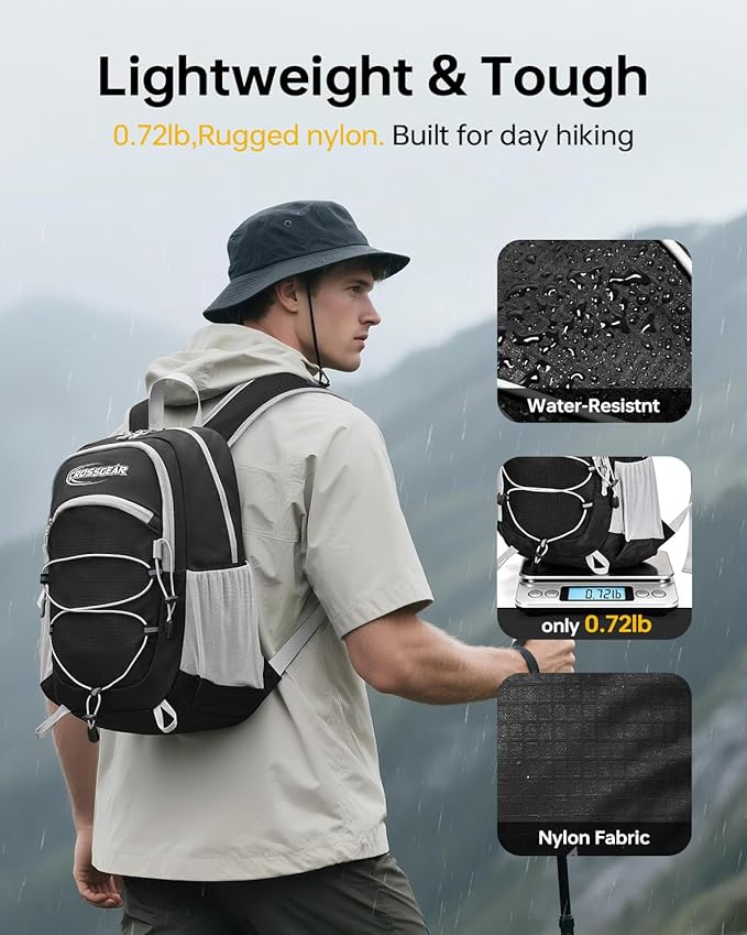 CROSSGEAR 24L Hiking Backpack, Lightweight Foldable Packable Daypack with RFID Pocket, Multi-Pocket, Nylon Small Travel Backpack, Water Resistant for Travel, Camping, Outdoor, Black
