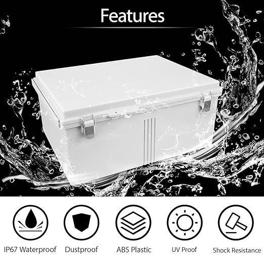 LeMotech Electrical Box, IP67 Waterproof Hinged Cover Stainless Steel Latch Junction Box, ABS Plastic Electrical Enclosure with Mounting Plate,Wall Brackets, Cable Glands, 17.7"x13.8"x7.9", Grey