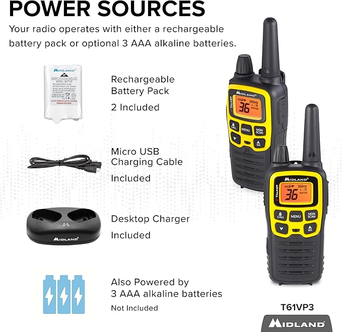 Midland® - T61VP3 X-TALKER - Two-Way Radio - 36 Channel FRS- Long Range Walkie Talkie, 121 Privacy Codes, & NOAA Weather Scan & Alert Black/Yellow, 2-Pack