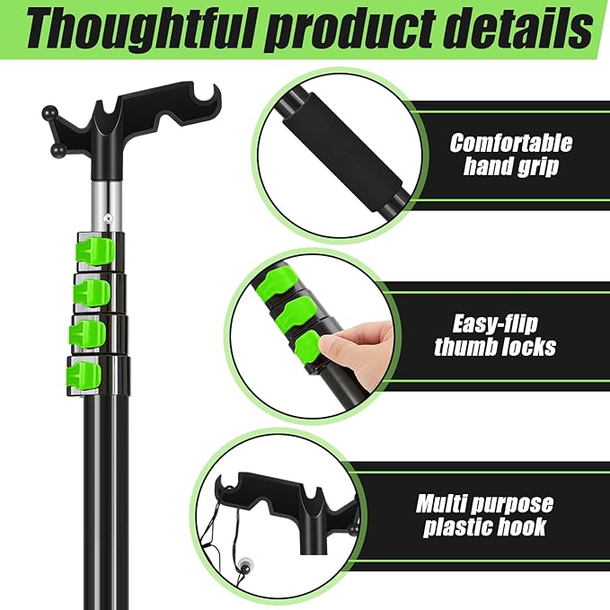 7-30 ft Telescopic Extension Pole with Utility Hook, Multi-Purpose Aluminum Pole for Painting, Dusting and New Year Window Cleaning Christmas Lights Installation Without a Ladder(Green)