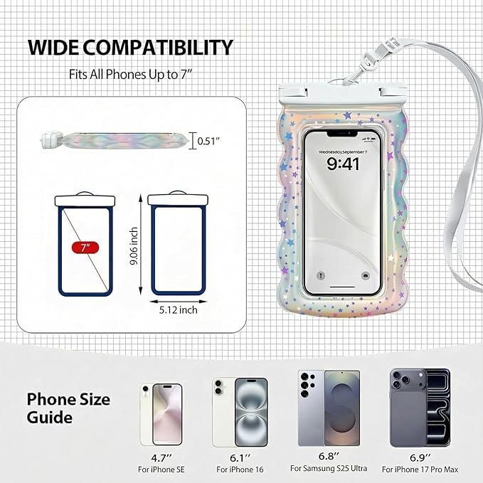 Floatable Waterproof Phone Pouch/Case with Crossbody Lanyard for iPhone 17 16 Pro Max/15/14, IP68 Cellphone Dry Bag Beach Cruise Ship Essentials, 1 Pc-Iridescent Star Wave Style-7″