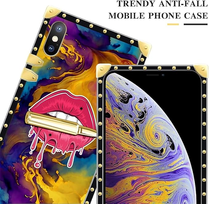 Compatible with iPhone Xs Max Case, Cool Corlorful Lip Marble Luxury Golden Decoration for Girl Women Soft TPU Shockproof Protective Hard PC Back for iPhone Xs Max