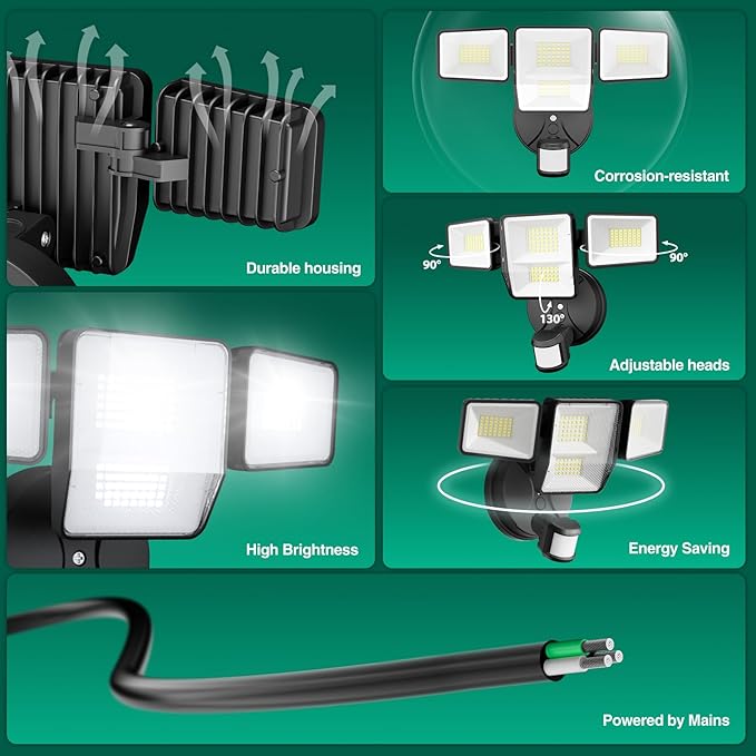 70W 7000LM Security Lights Outdoor, 4-Head LED Motion Sensor Flood Light, 6500K Daylight, IP65 Waterproof, 3 Modes for Yard Garage Porch (2)