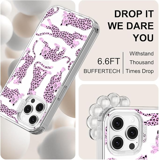 MOSNOVO Case for iPhone 12 & iPhone 12 Pro, [Buffertech 6.6ft Military-Grade Drop Protection] [Anti Peel Off Tech] Clear TPU Bumper Phone Case Cover Design - Pink Leopard
