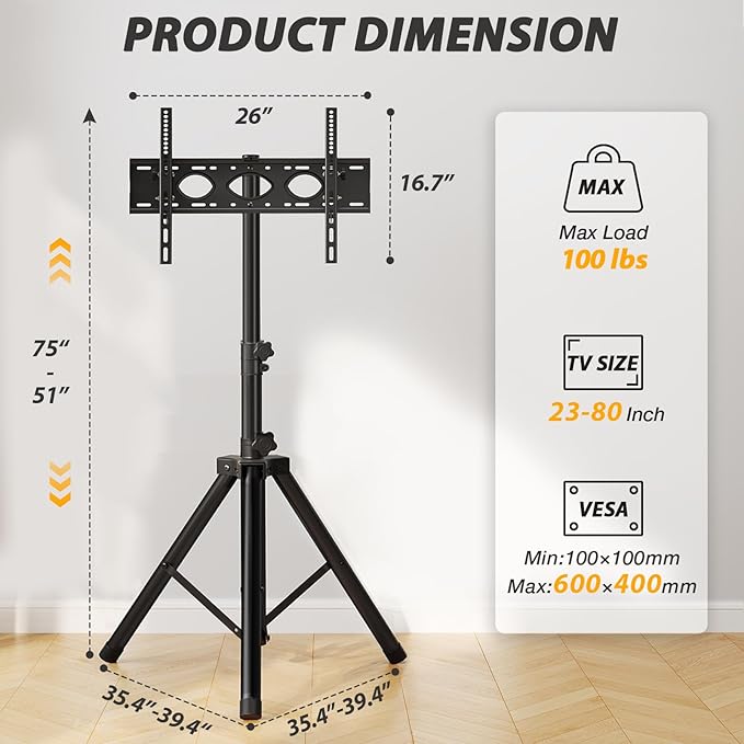 TVON TV Tripod Stand for 23-80 inch Flat Screen/Curved TVs, Portable TV Stand with ±15° Tilt and Height Adjustment Holds up to 100lbs, Floor TV Stand Display Max VESA 600x400m