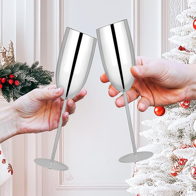 TJ Champagne Glasses Set of 2 Stainless Steel Champagne Flutes 8.5 oz Unbreakable Sliver Champagne Glasses Reusable Indoor Outdoor Travel Drinkware for Party Wedding Christmas Anniversary Birthday