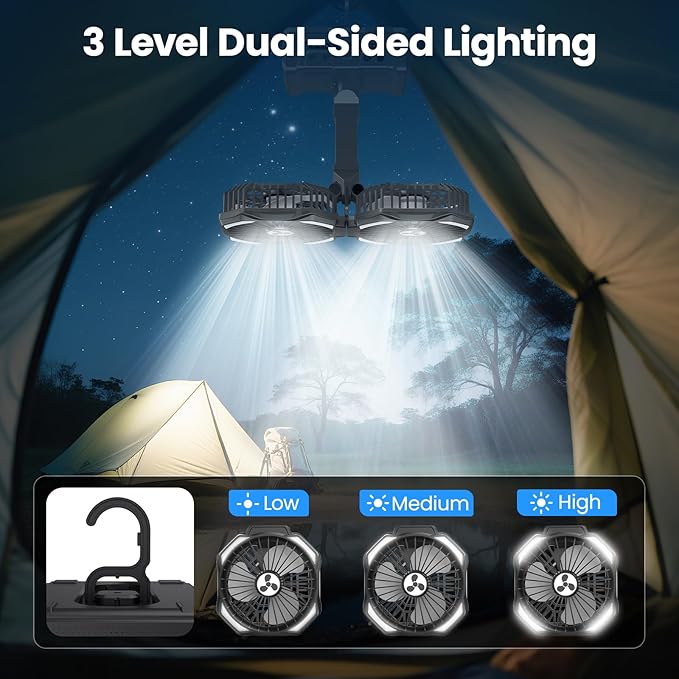 Dual Head Portable Rechargeable Fan 20000mAh Battery Powered Fan Camping Cordless with 360° Air Delivery, LED Lantern & Remote, Auto Oscillation, Battery Operated for Tent Office Travel Picnic Jobsite