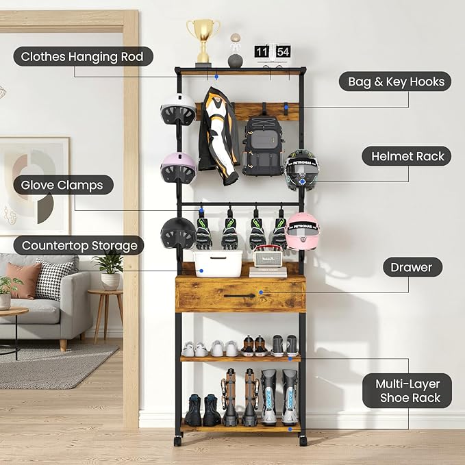 Kikihouse Freestanding Floor Mounted Helmet & Gear Storage Rack, Adjustable Organizer with Glove Clips, Hooks, Drawer & Shoe Shelf for Motorcycle, Cycling, Skiing Equipment