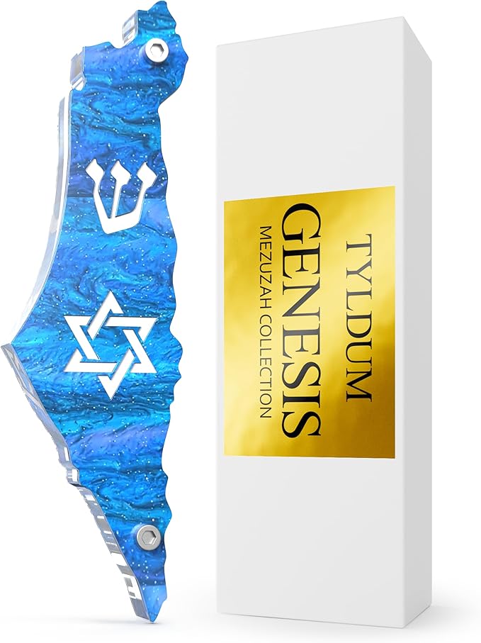 Genesis Mezuzah for Door – Modern Acrylic Mezuzah Case Without Kosher Scroll – Handmade in Canada Judaica Gift, Weatherproof, Jewish Artisan Design, Clear Case (Map with Star, Blue Sea)