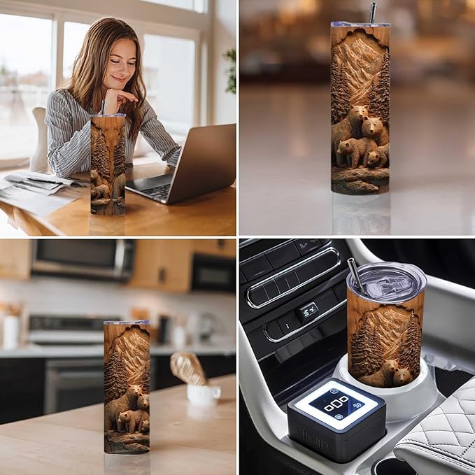 Firmiso 20 oz Tumbler｜Skinny Insulated Travel Mug｜Bear Family Mountain Forest Stainless Steel Cup with Lid and Telescopic Straw｜Rustic Wildlife Drinkware｜Outdoor Gift Idea for Men