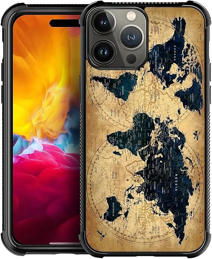 for iPhone 15 Pro Case, Brown World Map Pattern Graphic Design Girl Boy Soft Silicone Hard Acrylic Shock Protection for iPhone 15 Pro