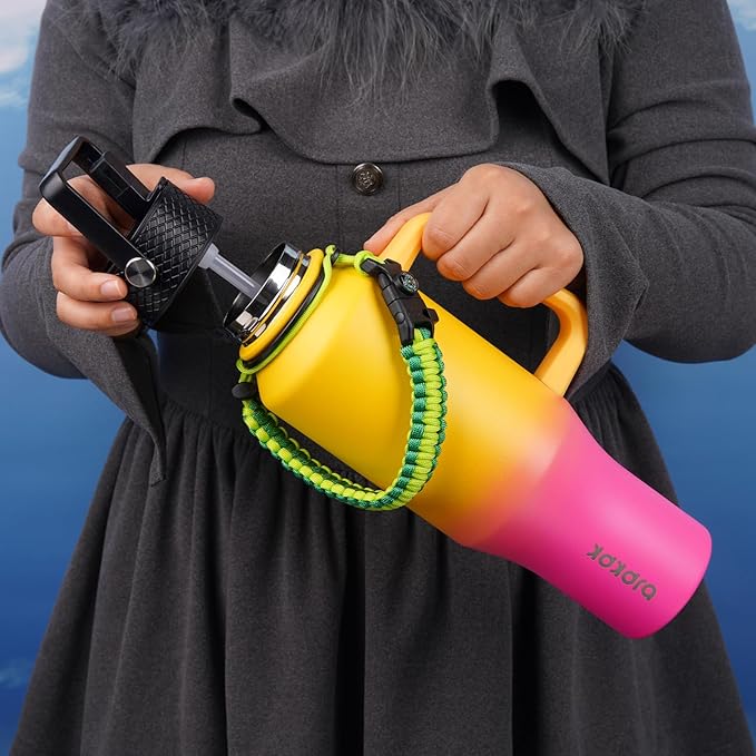 BJPKPK Insulated Water Bottles with Straw Lid, 40oz Metal Water Bottle with 2 lids & Paracord Strap, Double Wall Stainless Steel Tumbler with Handle, Reusable Cups, Mugs, Thermo, Pink & Yellow Rose