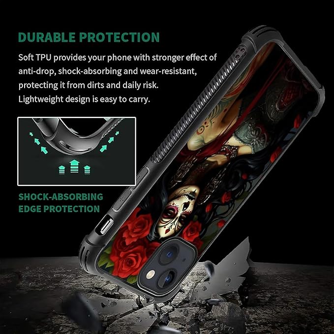 for iPhone 13 Case, Day of The Dead Halloween Woman Pattern Graphic Design Girl Boy Soft Silicone Hard Acrylic Shock Protection for iPhone 13