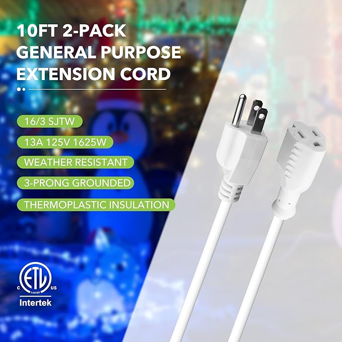 BN-LINK [2 Pack] 10ft White Outdoor Extension Cord 16/3 SJTW, 3-Prong, Weather Resistant & Flame Retardant, for Garden, Landscaping & Holiday Decorations