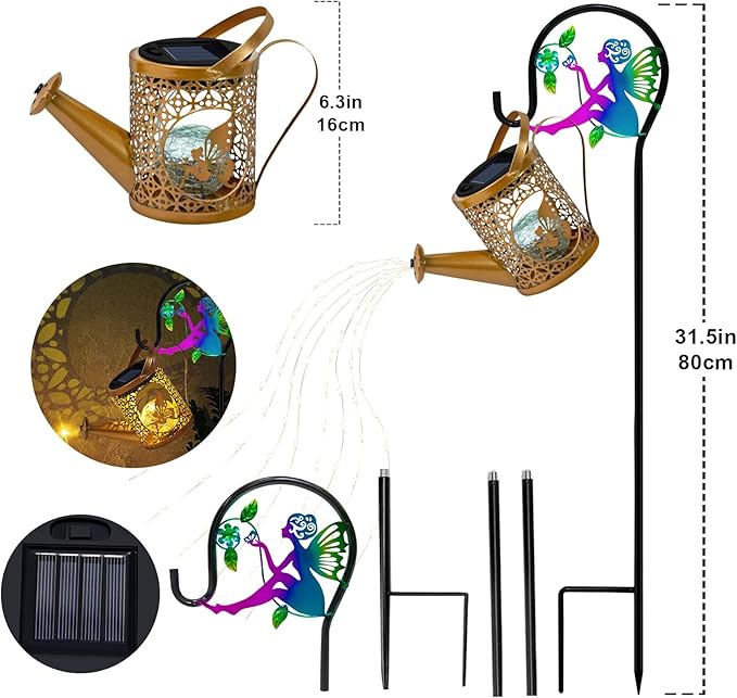 Solar Lights Garden Decorative, Solar Watering Can with Cascading Lights, Waterproof Metal Lantern with Fairy Shepherd Hook, Outdoor Decor for Yard, Patio, Gifts for Mother's Day, Women Mom