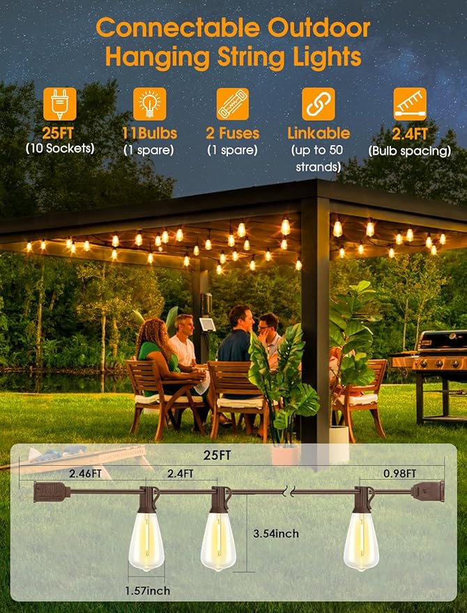 Larkvue 25FT Outdoor String Lights, Patio Lights with 10+1 LED Dimmable Waterproof Shatterproof Linkable ST38 Bulbs for Fence Porch Gazebo, Brown