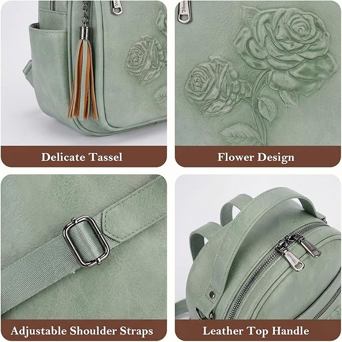 Mini Backpack Purse for Women,Embossed Vegan Leather Small Backpack Fashion Backpacks Daypacks Shoulder Handbag (Green-Flower)