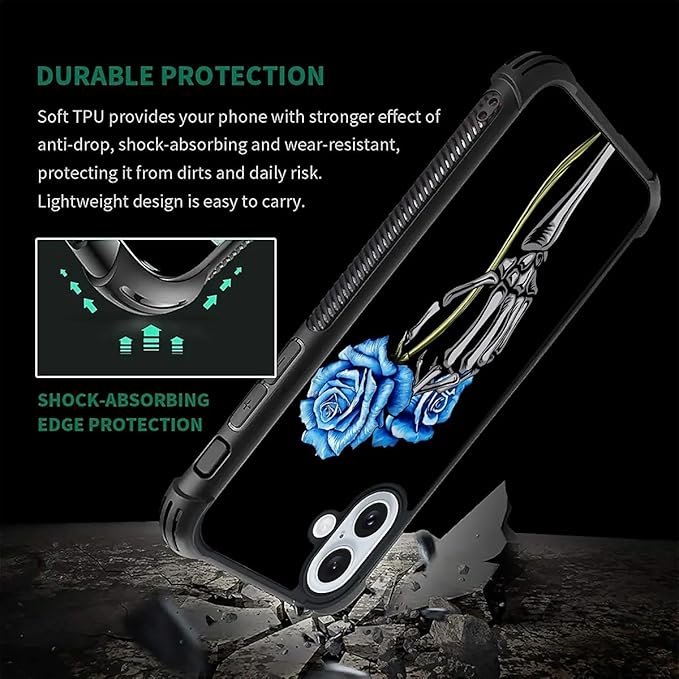 for iPhone 16 Case, Skeleton Holding Blue Rose Pattern Graphic Design Girl Boy Soft Silicone Hard Acrylic Shock Protection for iPhone 16