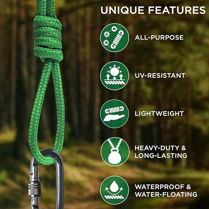 TECEUM Rope – 90 Feet x 3/8 Inch (10mm) – Green – Strong All-Purpose Utility Rope – Camping, Crafting, Flag Pole, Indoor & Outdoor – Polypropylene Nylon Poly Lightweight Diamond Braided Cord