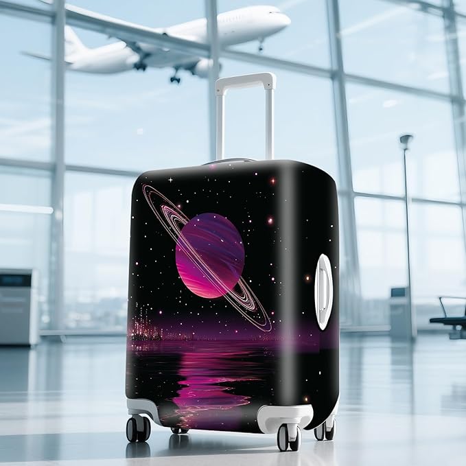 ANNA QUEEN Cosmic Purple Saturn Luggage Cover-Stretchable,Water Resistant & Durable Suitcase Protector,Universal Washable Fit for 24-26 Inch Checked Baggage