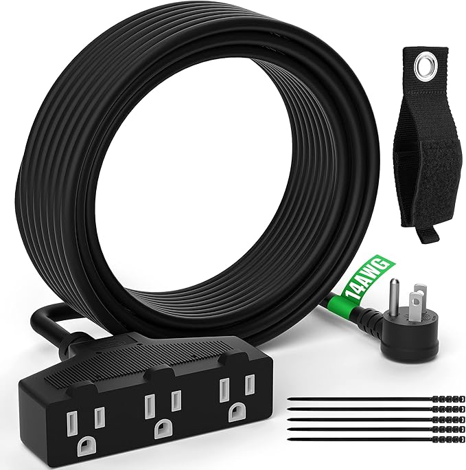 Outdoor Extension Cord 20 Ft with 3 Outlets, 14/3 SJTW 3 Prong Grounded Power Cord, 14 Gauge 14AWG Heavy Duty Power Cable, ETL Listed, 15 Amp 125 V 1875 W-Multiple Outlets for Indoor/Outdoor-Black
