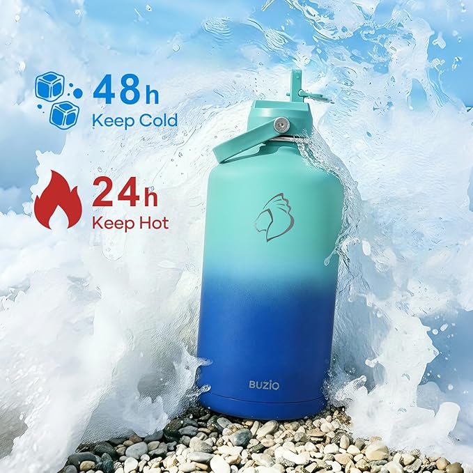 BUZIO 1 Gallon Water Jug with Straw Lid, 128oz Water Bottle Stainless Steel Triple Wall Hydro Jug 18/8 Food Grade Thermo Mug Keep Cold 48H & Hot 24H, Caribbean Blue