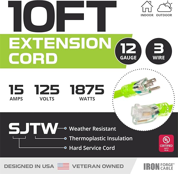 Iron Forge Cable Weatherproof 10 Ft Outdoor Extension Cord Neon Green - 12/3 SJTW 15 Amp Heavy Duty Light Green High Visibility Cable with 3 Prong - Lighted End