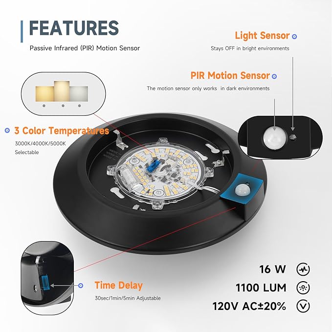 ECOELER 6Inch Motion Sensor LED Ceiling Light with Timer Countdown, 16W 1000Lm, 3 Colors in 1 (3000K/4000K/5000K), Occupancy Sensor Light Fixture for Doorway, Stairway, Corridor, Black