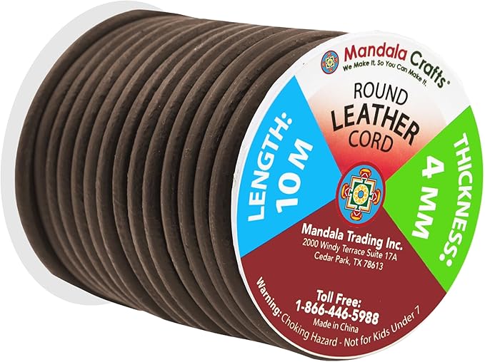 Mandala Crafts Round Genuine Dark Brown Leather Cord for Jewelry Making – 4mm Cowhide Leather Rope String Lace for Kumihimo – 11 Yards Cowhide Craft Cording Spool