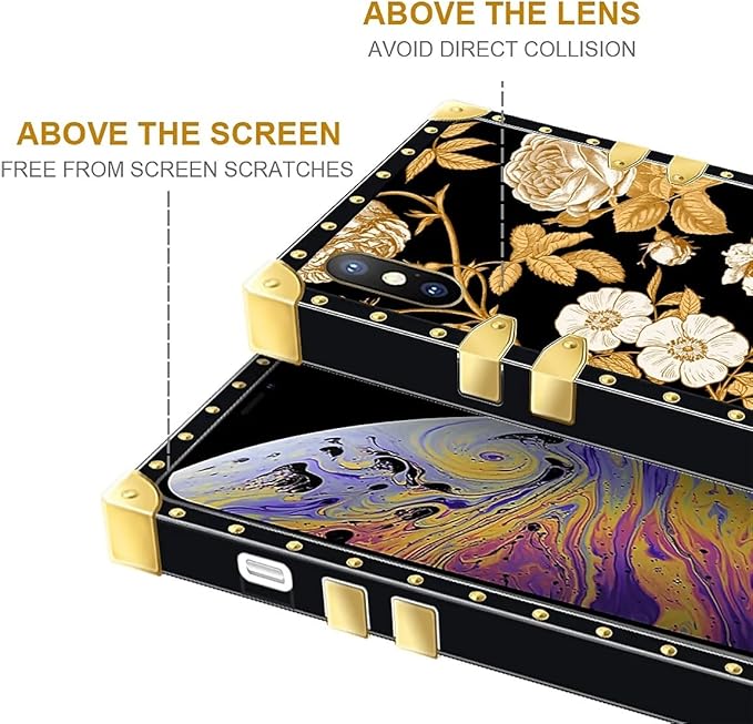 Compatible with iPhone XR Case, Blooming Rose Golden Flower Luxury Golden Decoration for Girl Women Soft TPU Shockproof Protective Hard PC Back for iPhone XR
