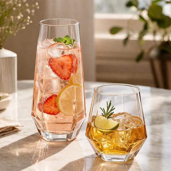 Oojami 48 Pack Diamond Clear Unbreakable Stemless Plastic Glasses 24 9oz Stemless Champagne Flutes & 24 12oz Cups BPA-Free, Disposable, Shatterproof Drinkware for Weddings, Bars, Events, and Parties