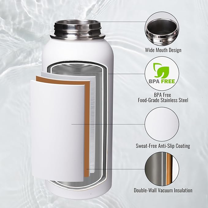 Fijinhom 32 oz Insulated Water Bottle with Handle, 304 Stainless Steel Water Bottles with Wide Mouth, Double Wall Vacuum Sports Water Bottle, BPA Free, Keep Cold and Hot, White