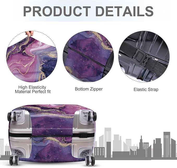 ANNA QUEEN Purple Marble Luggage Cover, Elegant Abstract Art Suitcase Protector, Stretchable Washable Travel Sleeve for 20-22 Inch Luggage