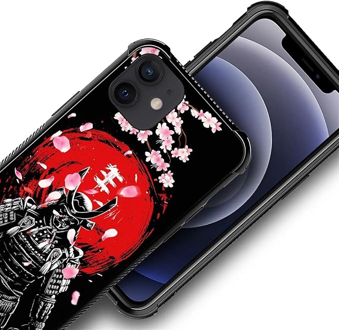 for iPhone 12 Mini Case, Sakura Japanese Samurai Pattern Graphic Design Girl Boy Soft Silicone Hard Acrylic Shock Protection for iPhone 12 Mini