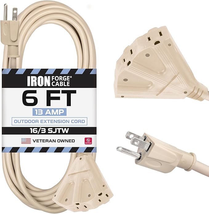 Iron Forge Cable Weatherproof 6 Ft Outdoor Extension Cord - 3 Outlet 16/3 SJTW Heavy Duty Light Brown Extension Cord 3 Prong - 13 Amp Power Cable