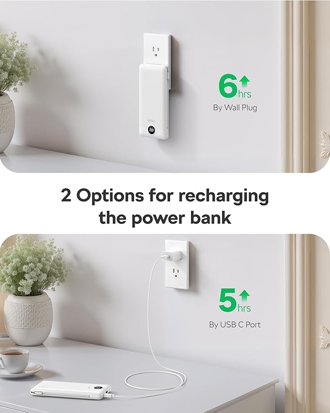 VEGER All in One Travel Portable Charger with Built-in AC Plug & Cables, 10000mAh Slim Power Bank Battery Pack, 15W Fast Charging Compatible with iPhone, Samsung, Android-White